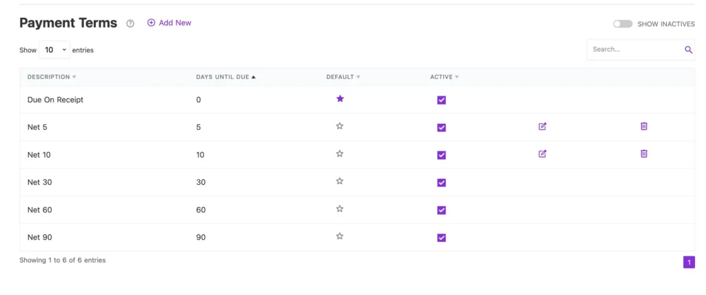 example of setting and defaulting payment terms in Patriot's accounting software.